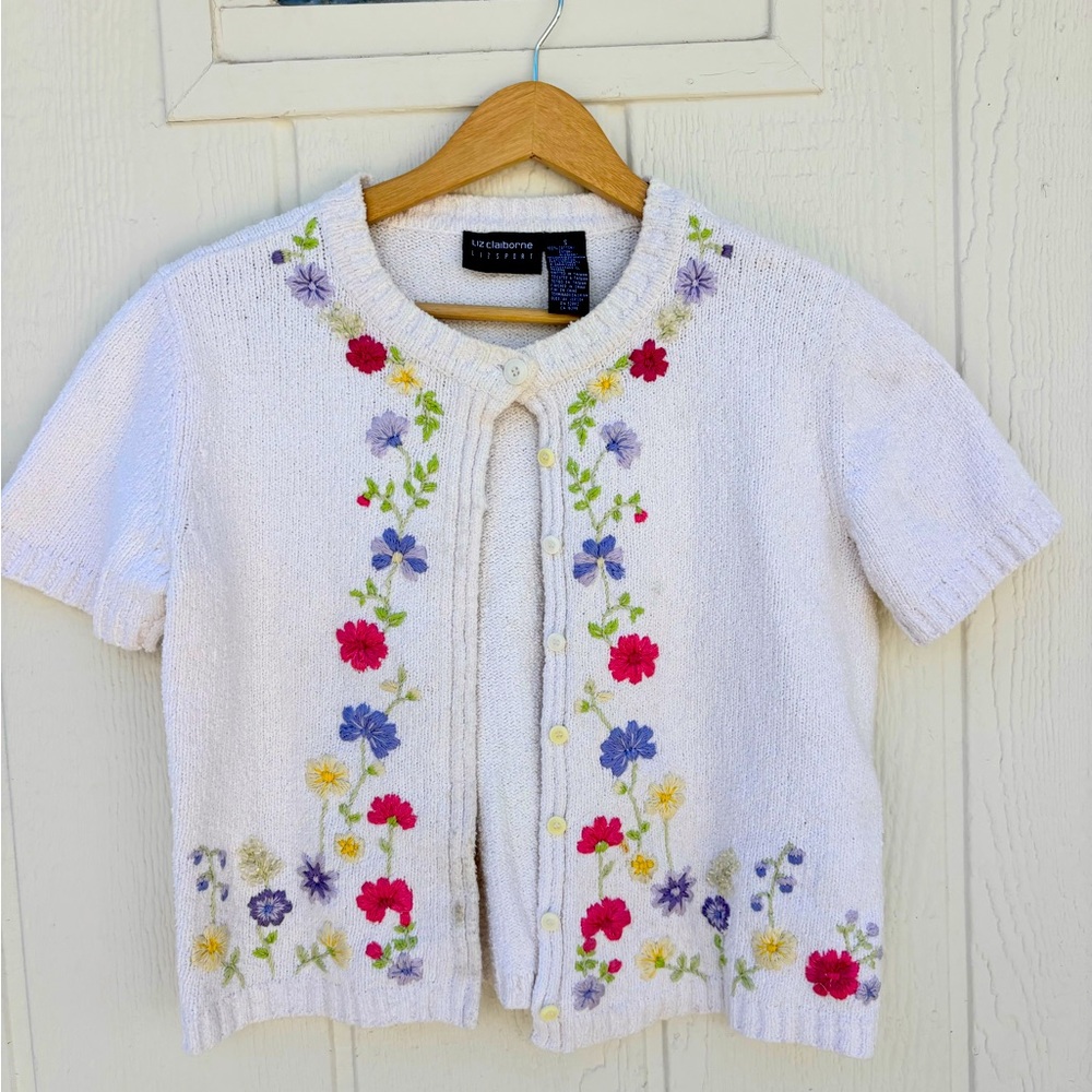 Liz Claiborne Floral Embroidered White Cardigan